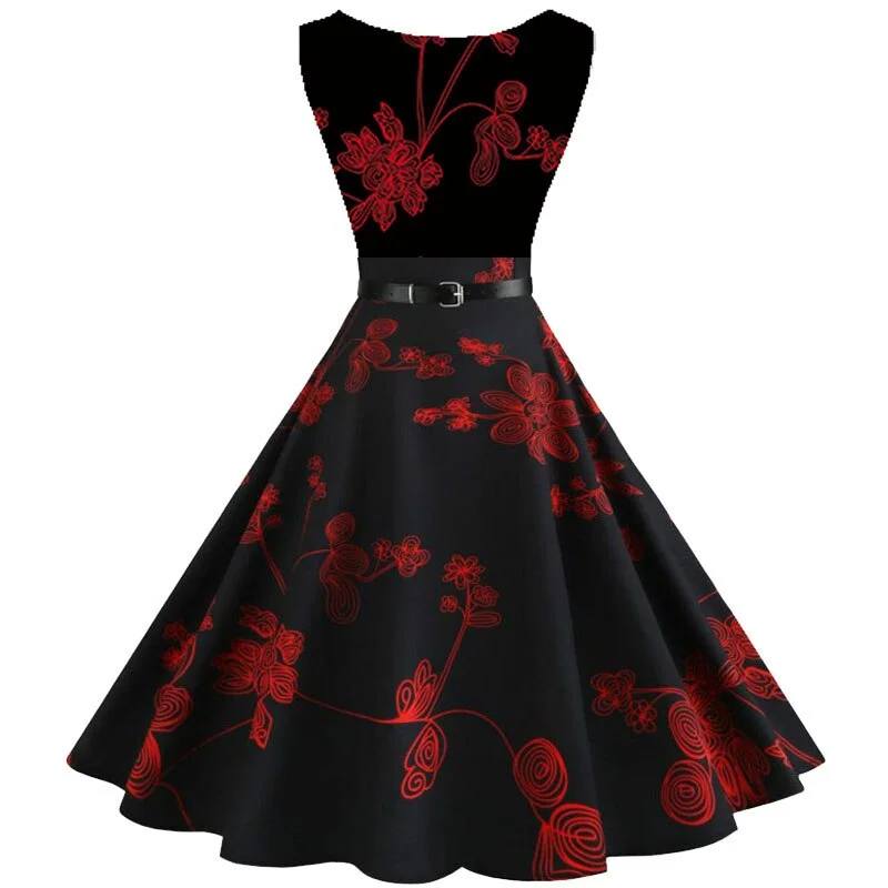Floral Printed Women Summer Dresses 2022 Elegant O-neck Sleeveless Tank Robe Vintage Rockabilly Dress Pinup Swing with Belt