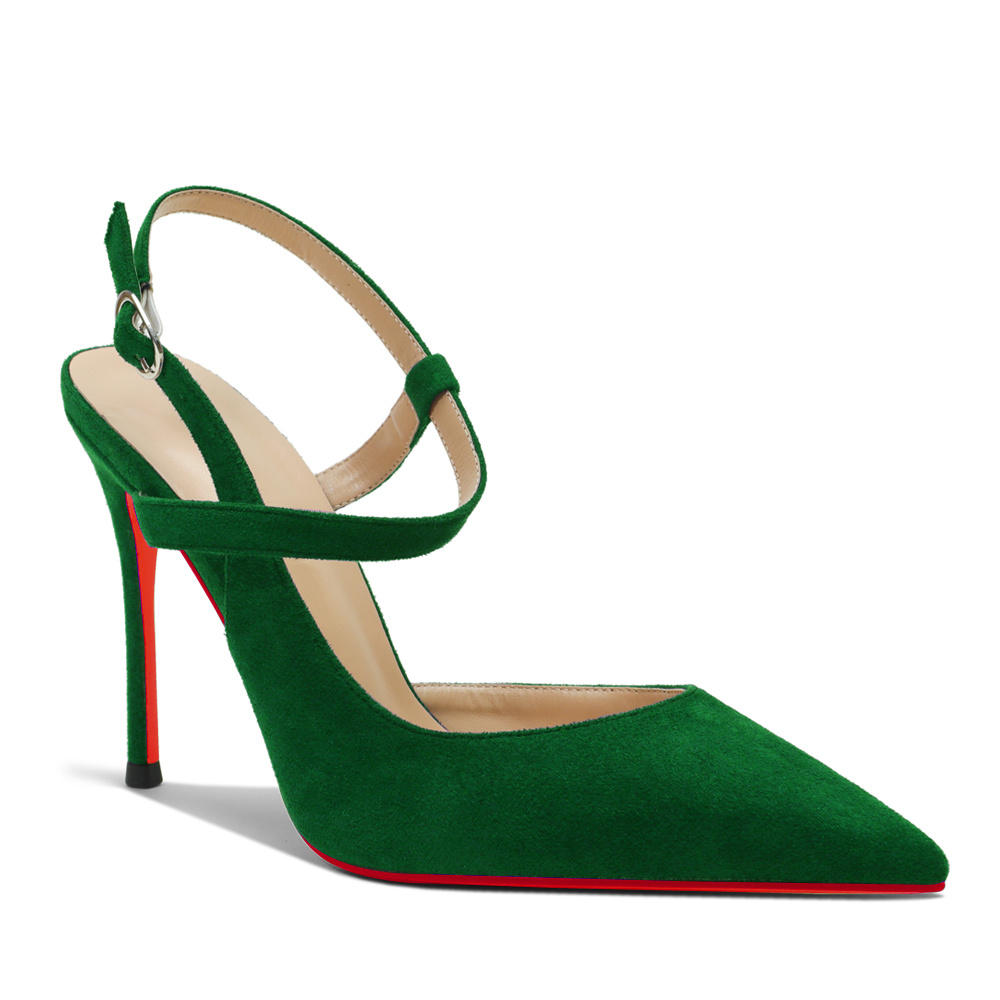 100mm Women Slingback Pumps Ankle Strap Jenlove Stiletto Mid Heel Close Pointed Toe Dress Red Bottoms Suede Shoes-MERUMOTE