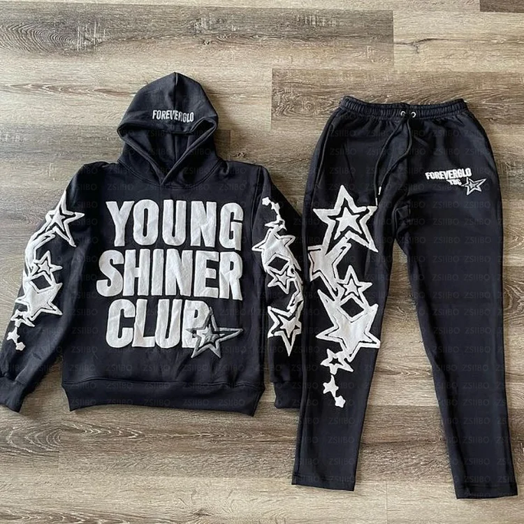 Y2K Hoodies Star Letter Print Loose Sweatshirt Trousers Hip Hop Punk Streetwear at Hiphopee