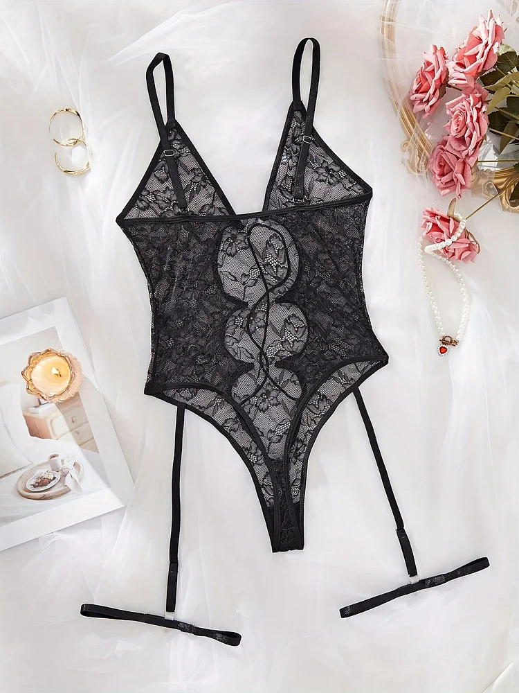 Sexy Lace Hollow Out Teddies Lingerie Bodysuit With Garter Belt