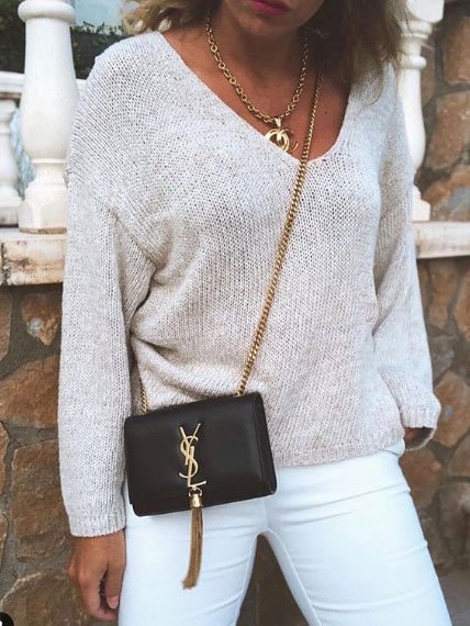 Creamy White Plain V Neck Knitted Long Sleeve Sweater
