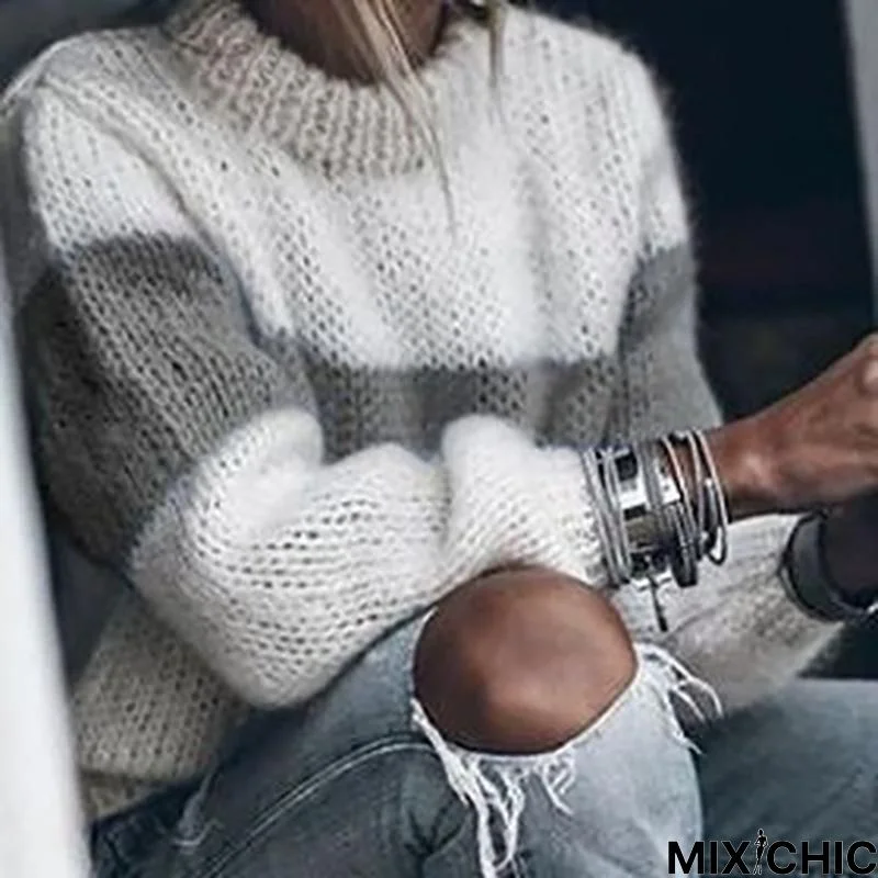 Mohair Round Neck Pullover Knitted Sweater In Autumn and Winter