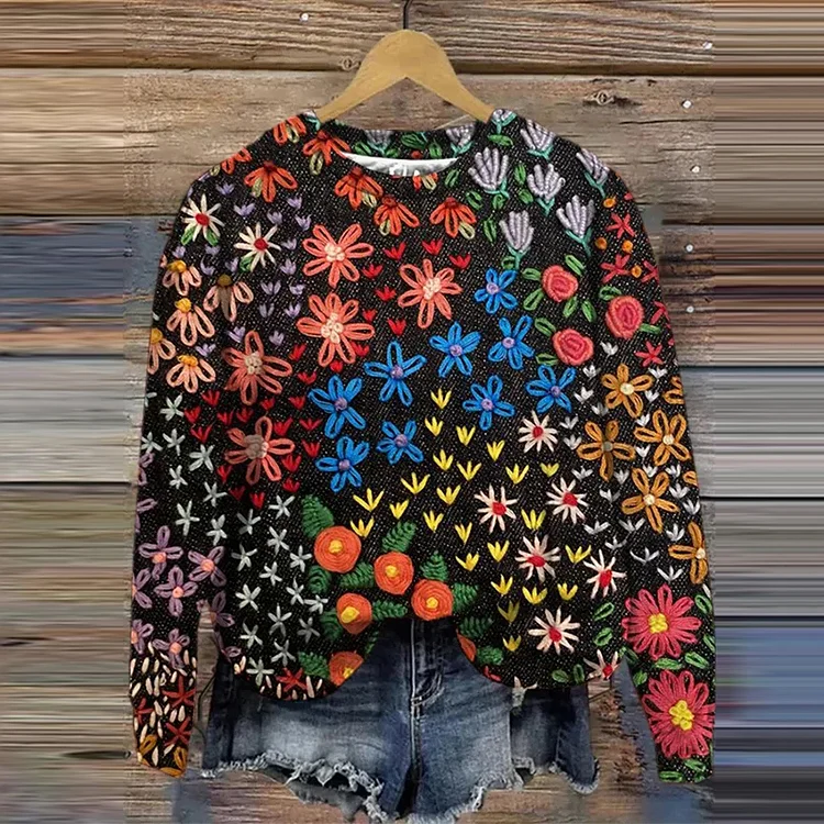 Comstylish Women's Yarn Multicolor Small Flowers Print Sweatshirt