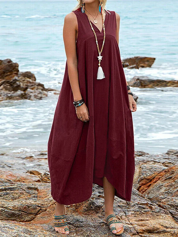 Women's Sleeveless V-neck Solid Color Pockets Midi Dress