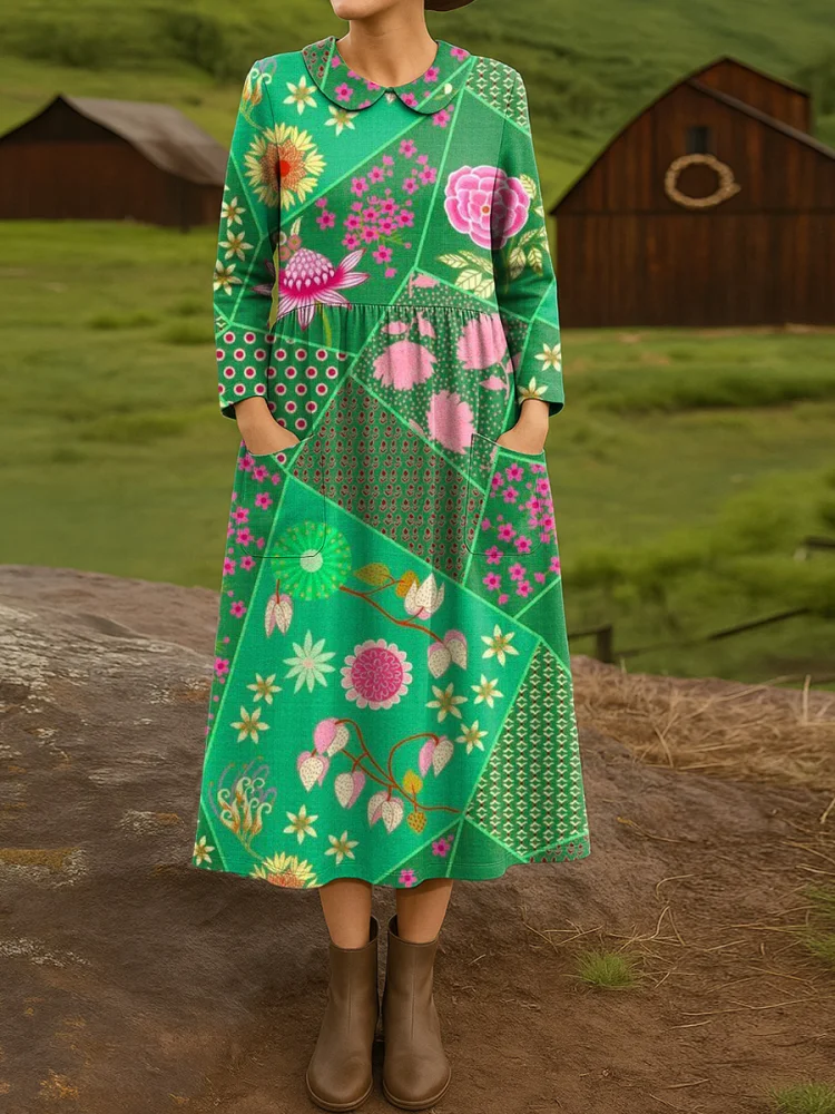 Women's Ethnic Floral Art Print Cotton Lapel Button-Down Shirt Dress