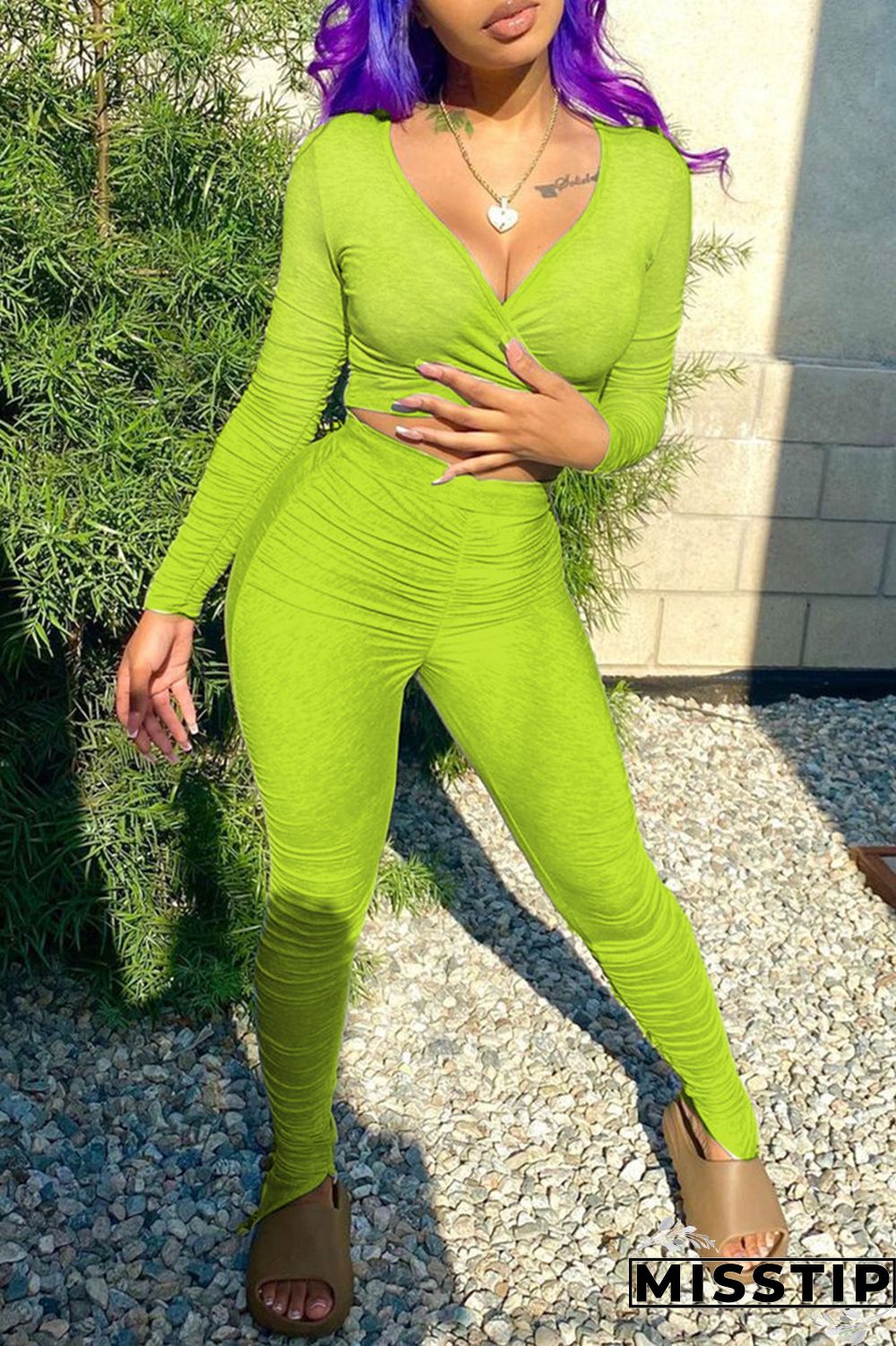 Grey Fashion Casual Solid Slit Fold V Neck Long Sleeve Two Pieces