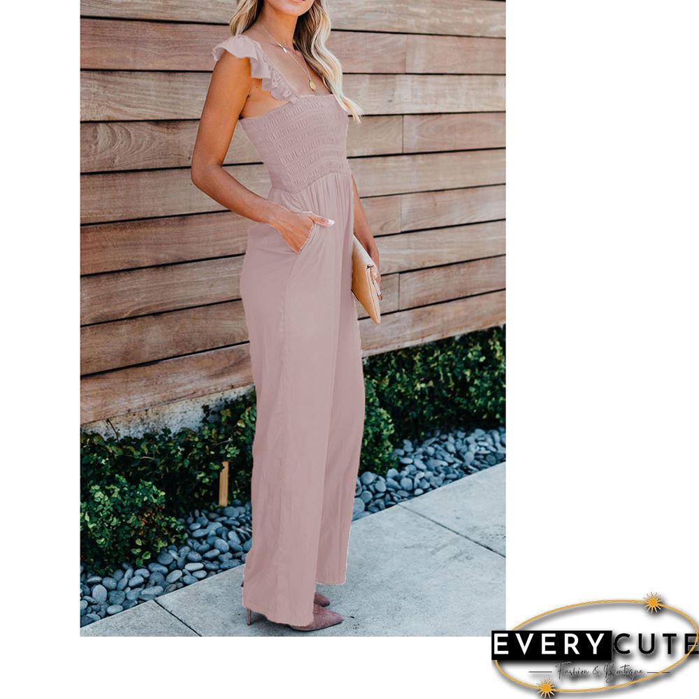 Pink Ruffle Sleeveless Pocketed Wide Leg Jumpsuit