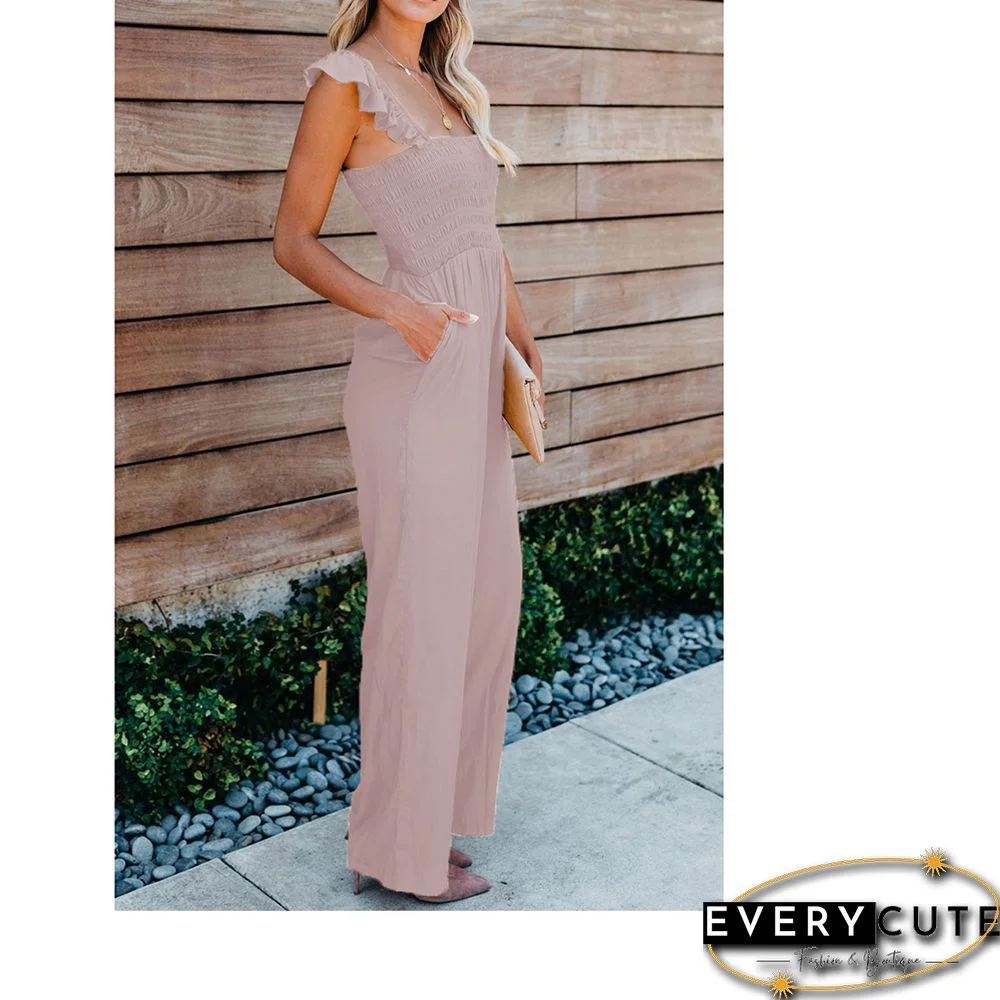 Pink Ruffle Sleeveless Pocketed Wide Leg Jumpsuit