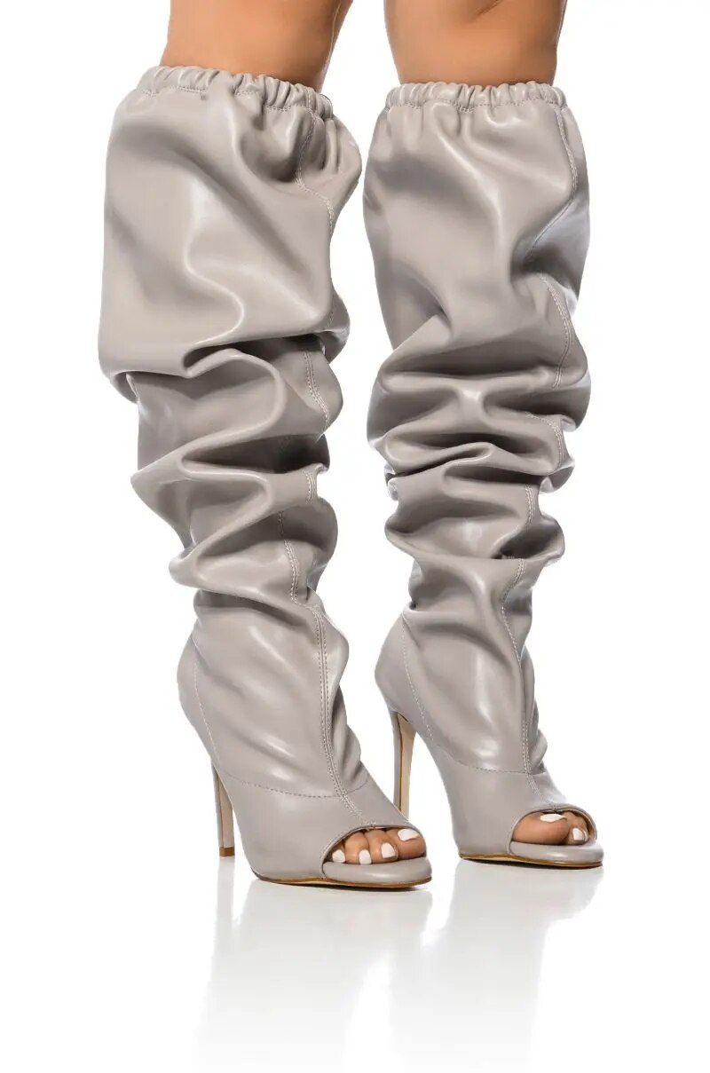 VCSHOES Women Knee High Boots Peep Toe Elastic Band Boots Thin High Heels Concise Party Gray Matte Female Boots 44