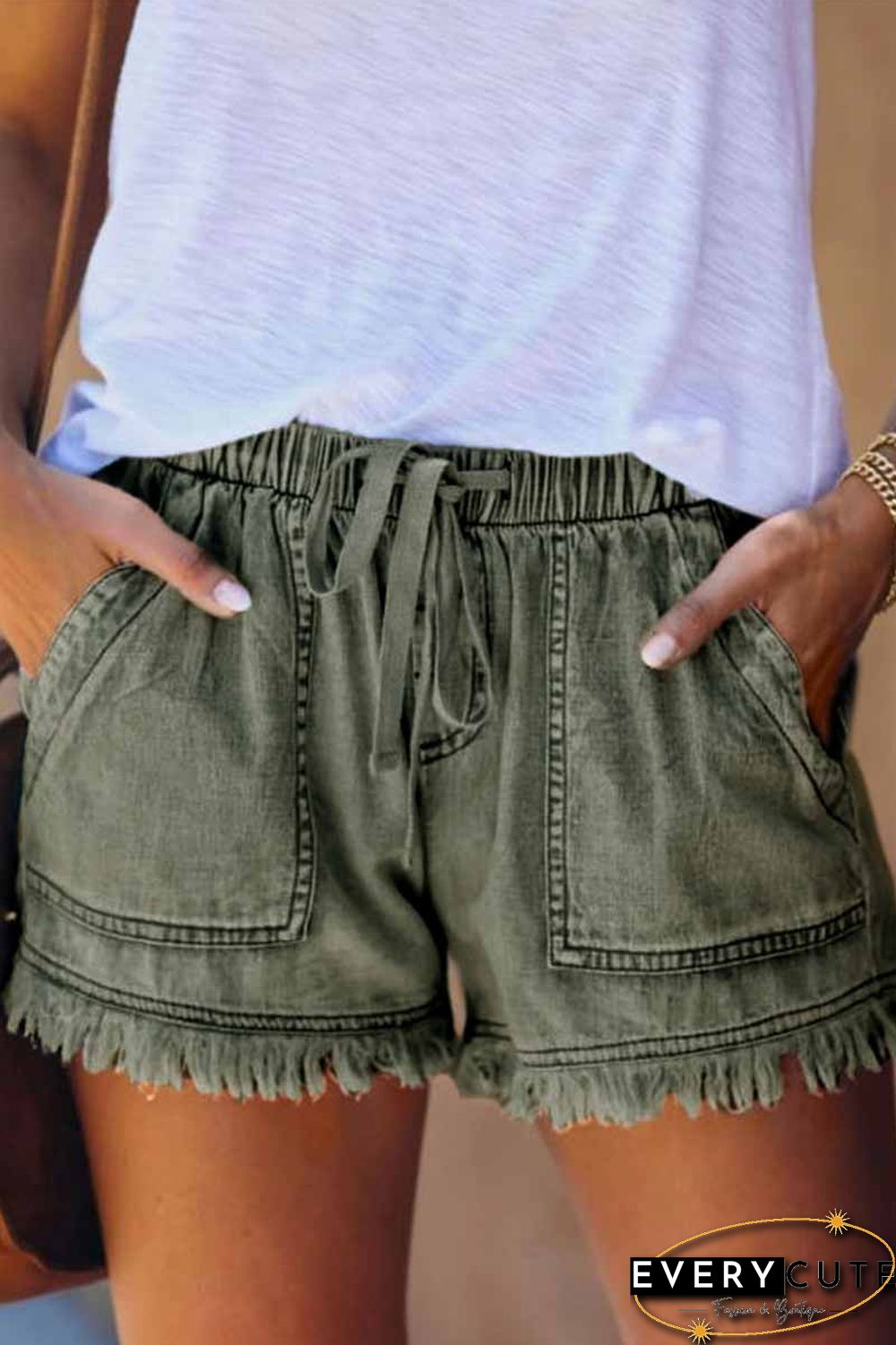 Lace-up Fringed Thin Denim Shorts