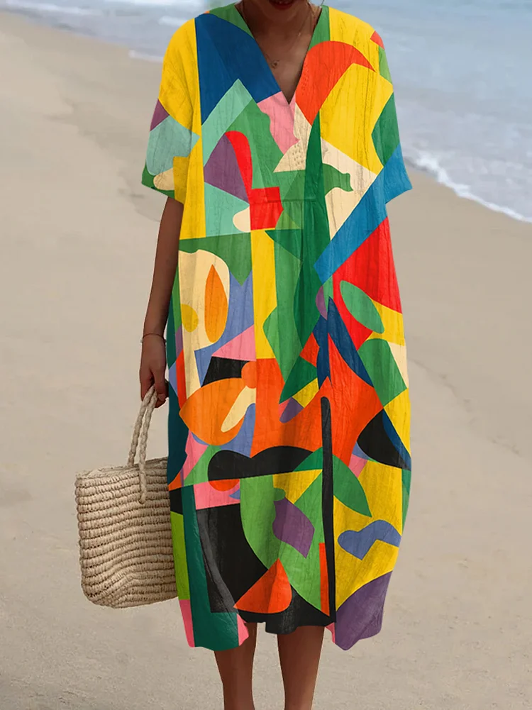 Retro Bright Color Simple Abstract Art V-neck Midi Dress