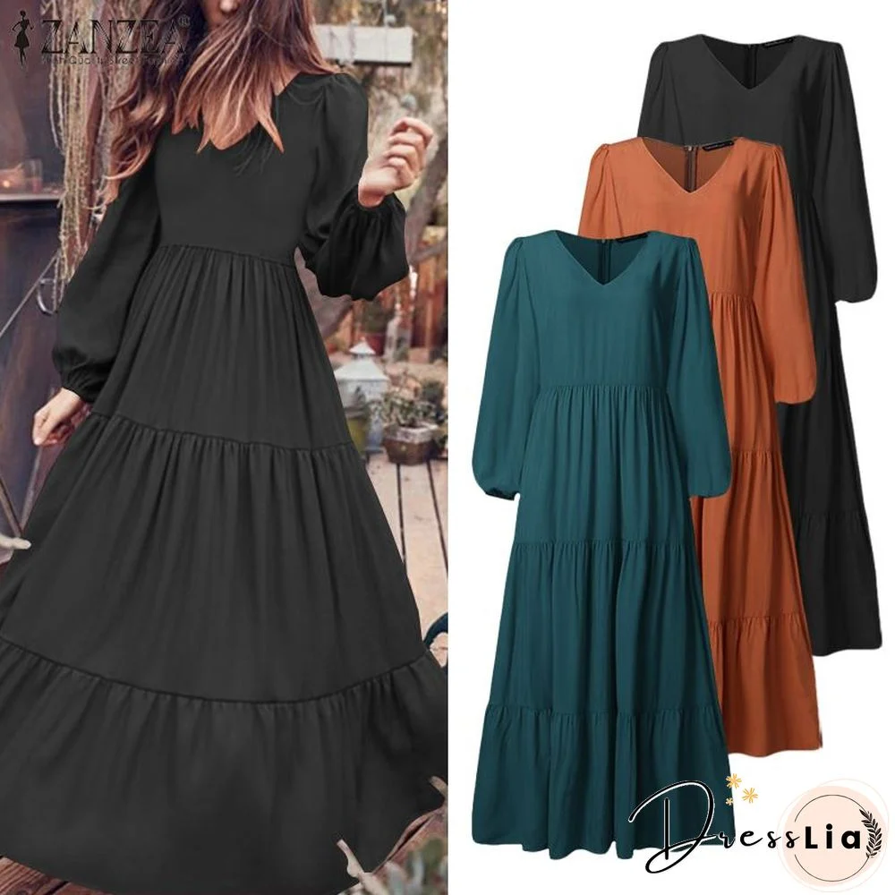ZANZEA Stylish Ruffle Maxi Dress Casual Puff Sleeve Tunic Vestidos Female Solid Robe Women's Autumn Sundress