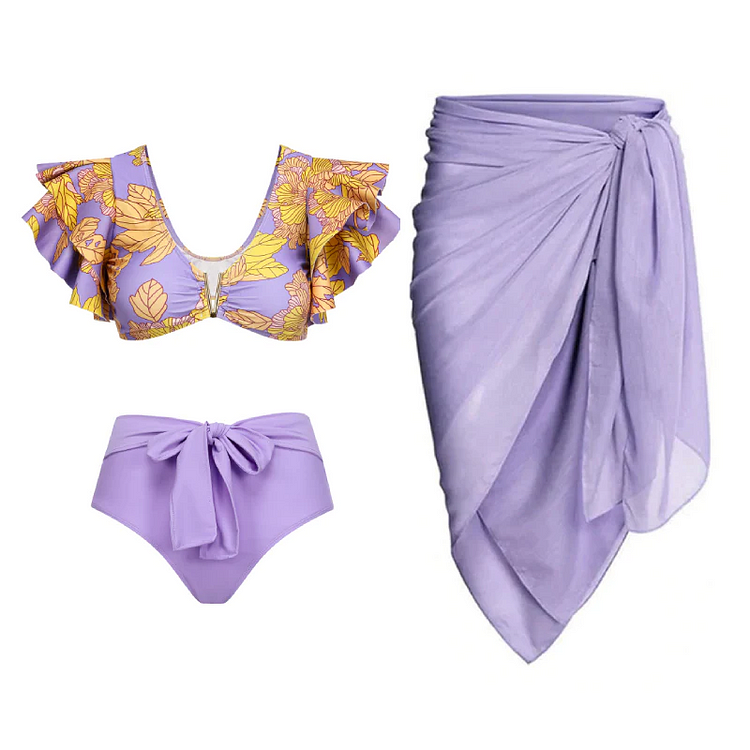 Ruffle High Waist Bikini Set Swimsuit and Sarong Flaxmaker 