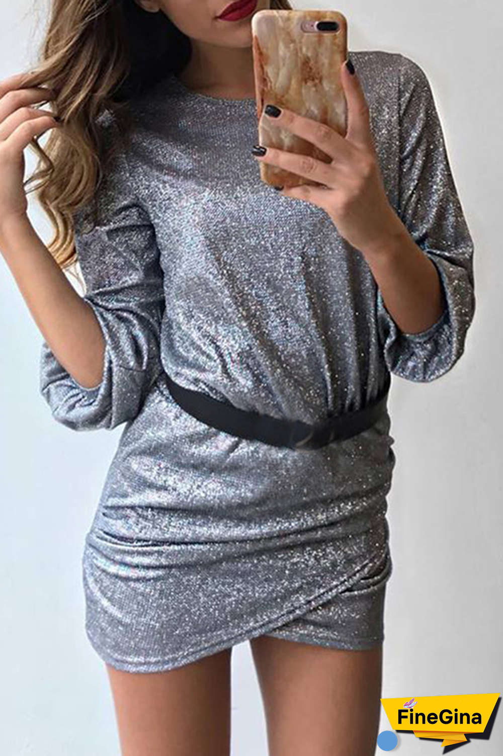 Fashion Solid Sequined Asymmetrical O Neck Pencil Skirt Dresses