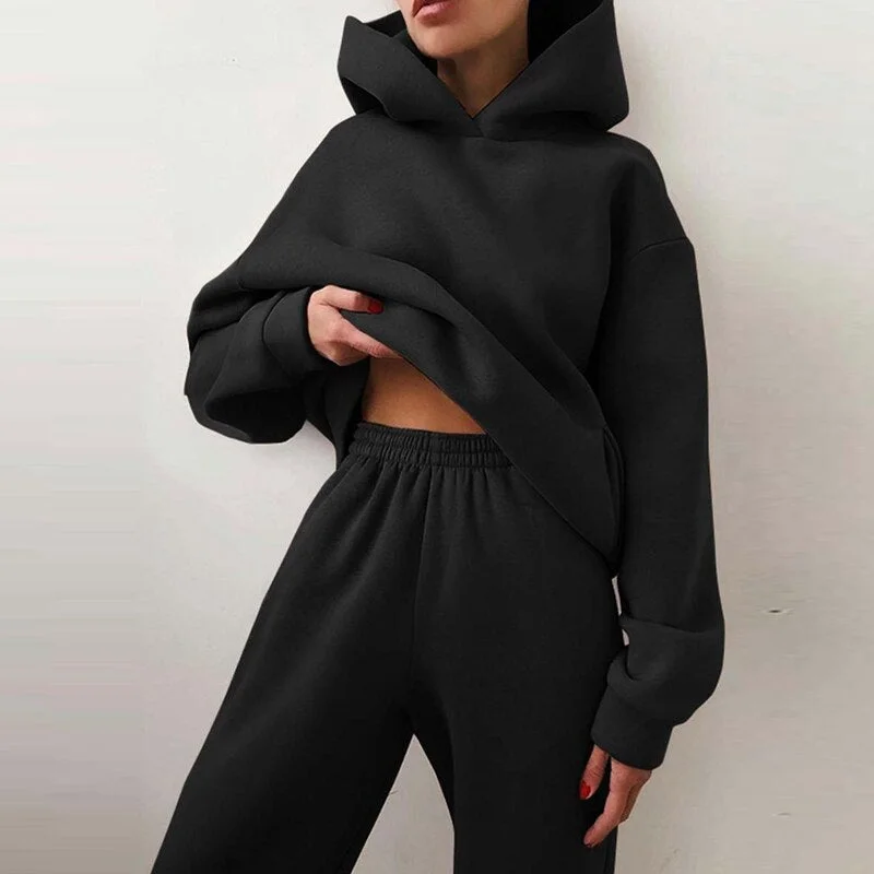 Oversize Hoodie Sweatshirts Women Winter Fleece Tracksuit Sets Solid Long Pant Matching 2 Pieces Sets Ladies Sweatshirt Pantsuit