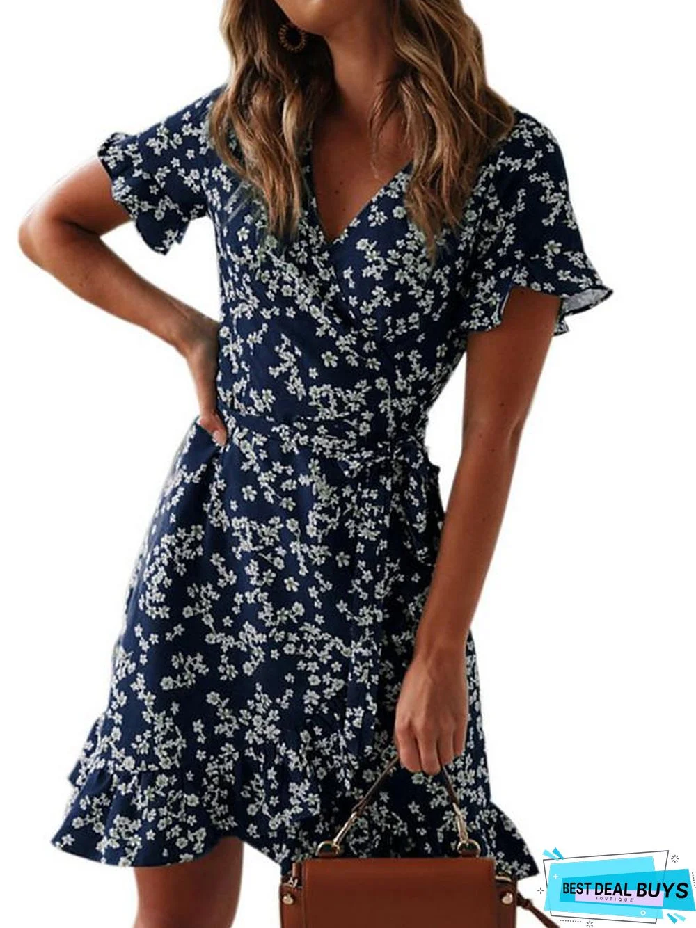 Women's Wrap Dress Short Mini Dress - Short Sleeve Floral Summer Deep V Hot Green Navy Blue