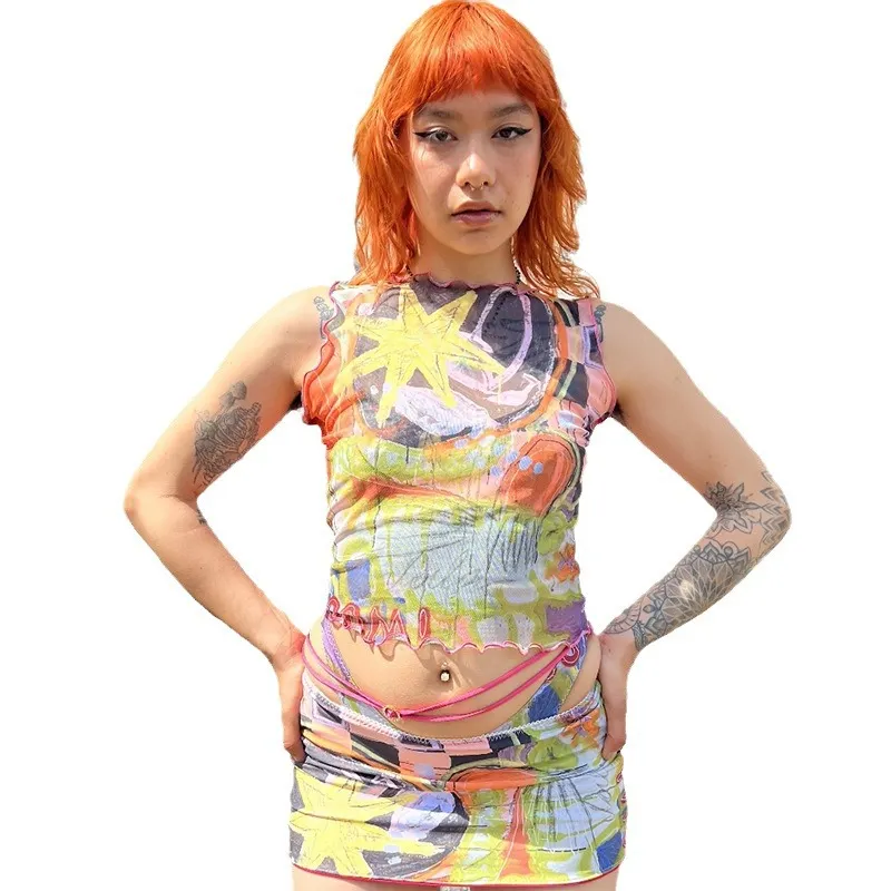 Churchf 2024 Round Collar Collar Head Sleeveless Print Wood Ear Exposed Umbilical Women's Screen Top Vest