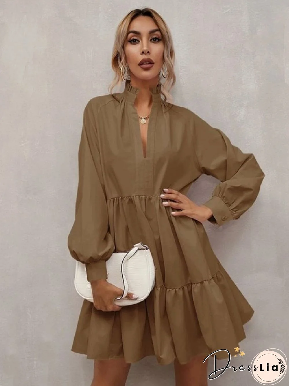 Pleated Skirt Solid V-neck Lantern Dress