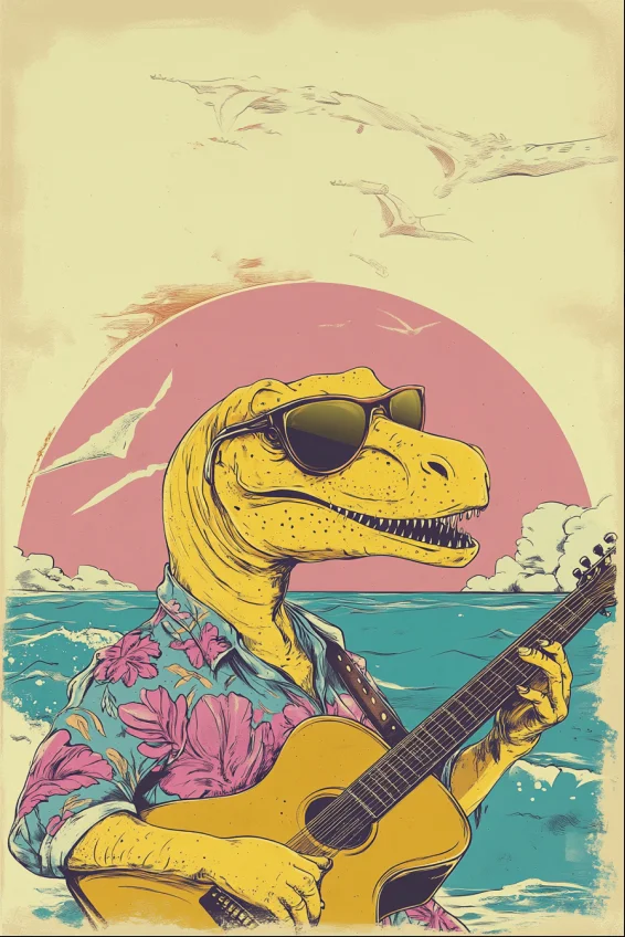 Men'S Dinosaur Playing Guitar At The Seaside Print Short Sleeve Shirt