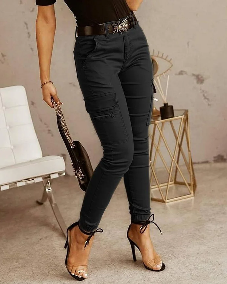 Zipper Pocket Design Casual Pants Without Belt P2656978942
