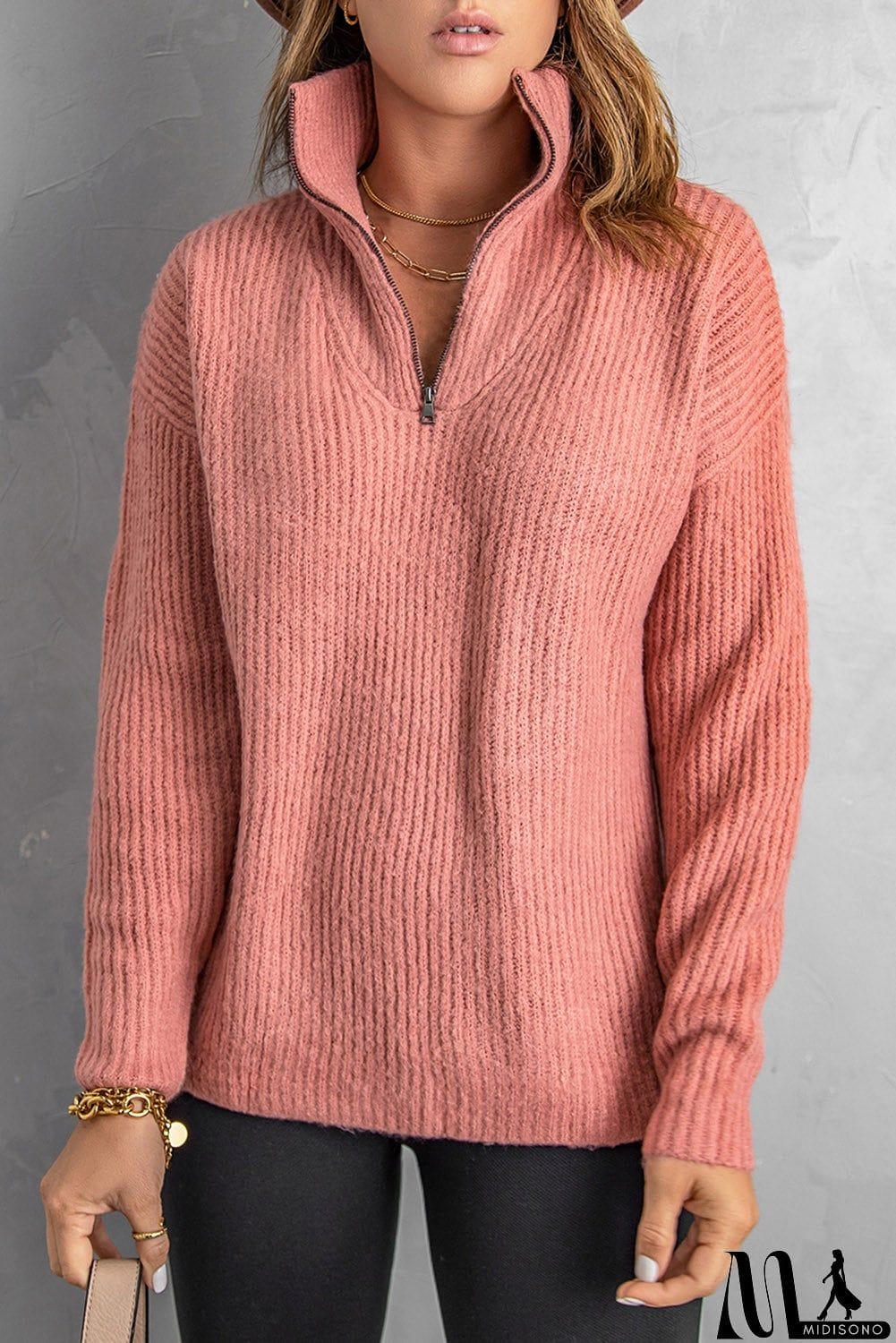 MidiSono - Pink Zip Neck Knitted Sweater