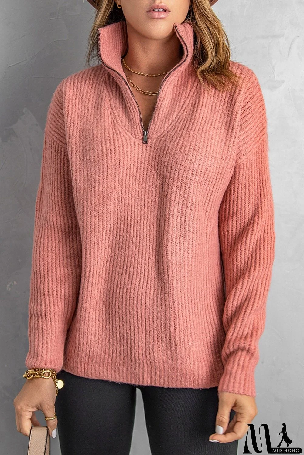 MidiSono - Pink Zip Neck Knitted Sweater