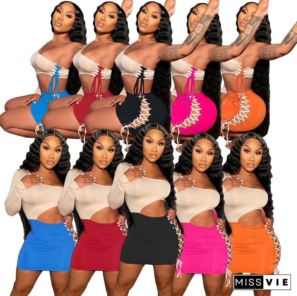 Summer Outfit Fashion Patchwork One Shoulder Long Sleeve Hollow Out Bandage Bodycon Mini Dresses