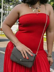 Ejimei 2025 Summer Sexy Red Patchwork Pleated Strapless Maxi Dress Fashion Off Shoulder Sleeveless Dresses Female Party Vacation Robes