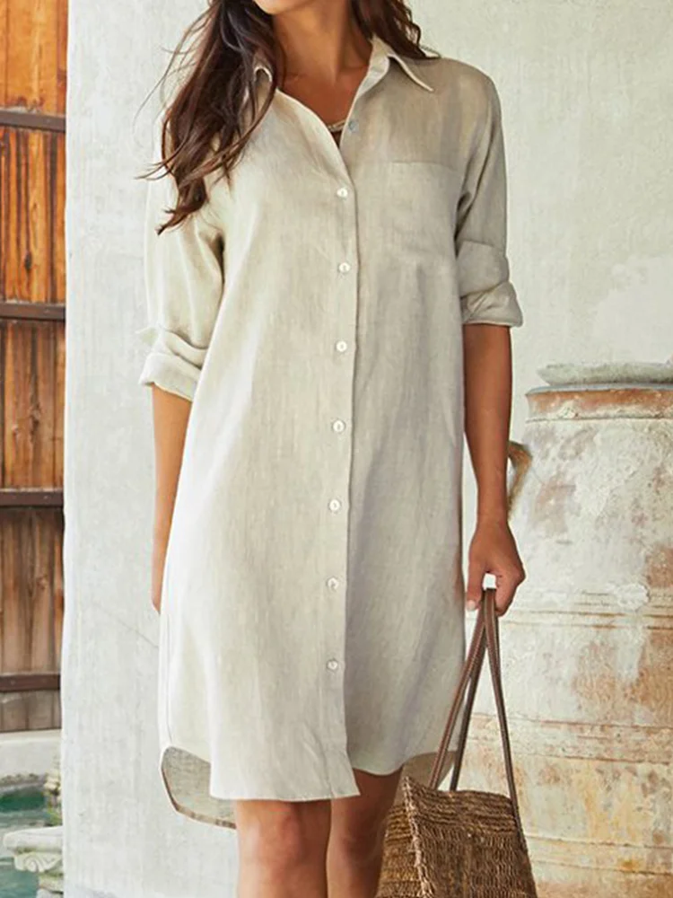 Button-Up Long-Sleeve Shirt Dress With Chest Pocket
