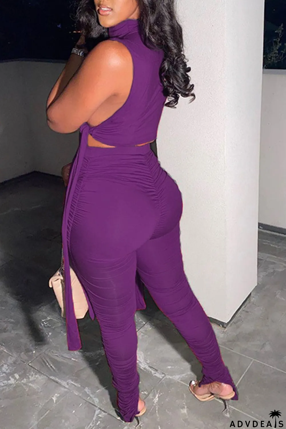 Purple Sexy Solid Split Joint Turtleneck Sleeveless Two Pieces