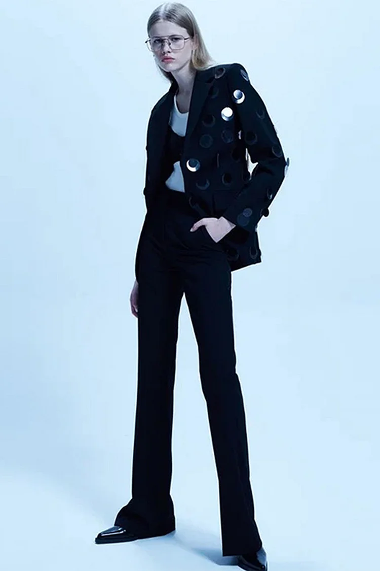 Large Metallic Sequins One Button Notch Lapel Blazer-Black