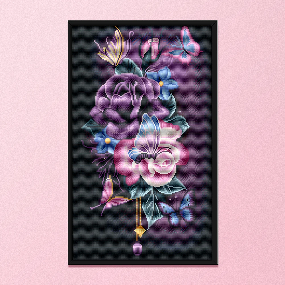 DIY Stamped Cross Stitch 11CT Embroidery 36*56cm - Rose Butterfly