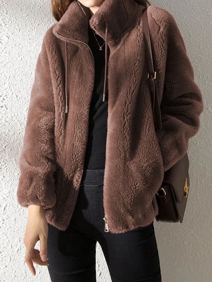 Casual Solid Fleece Stand Collar Zip Coat