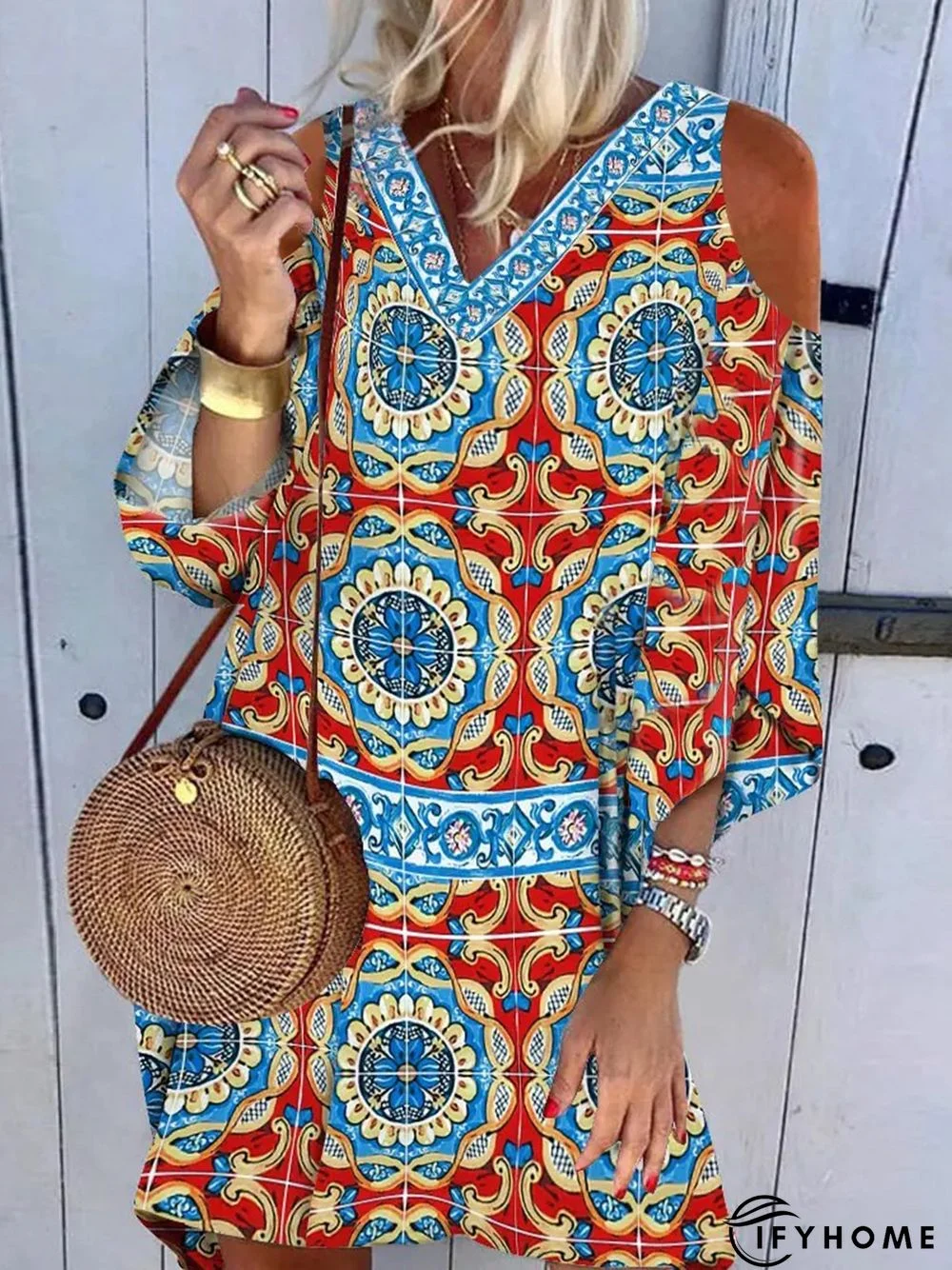 Ethnic Casual Vacation V Neck Three Quarter Cold Shoulder Loose Dress | IFYHOME