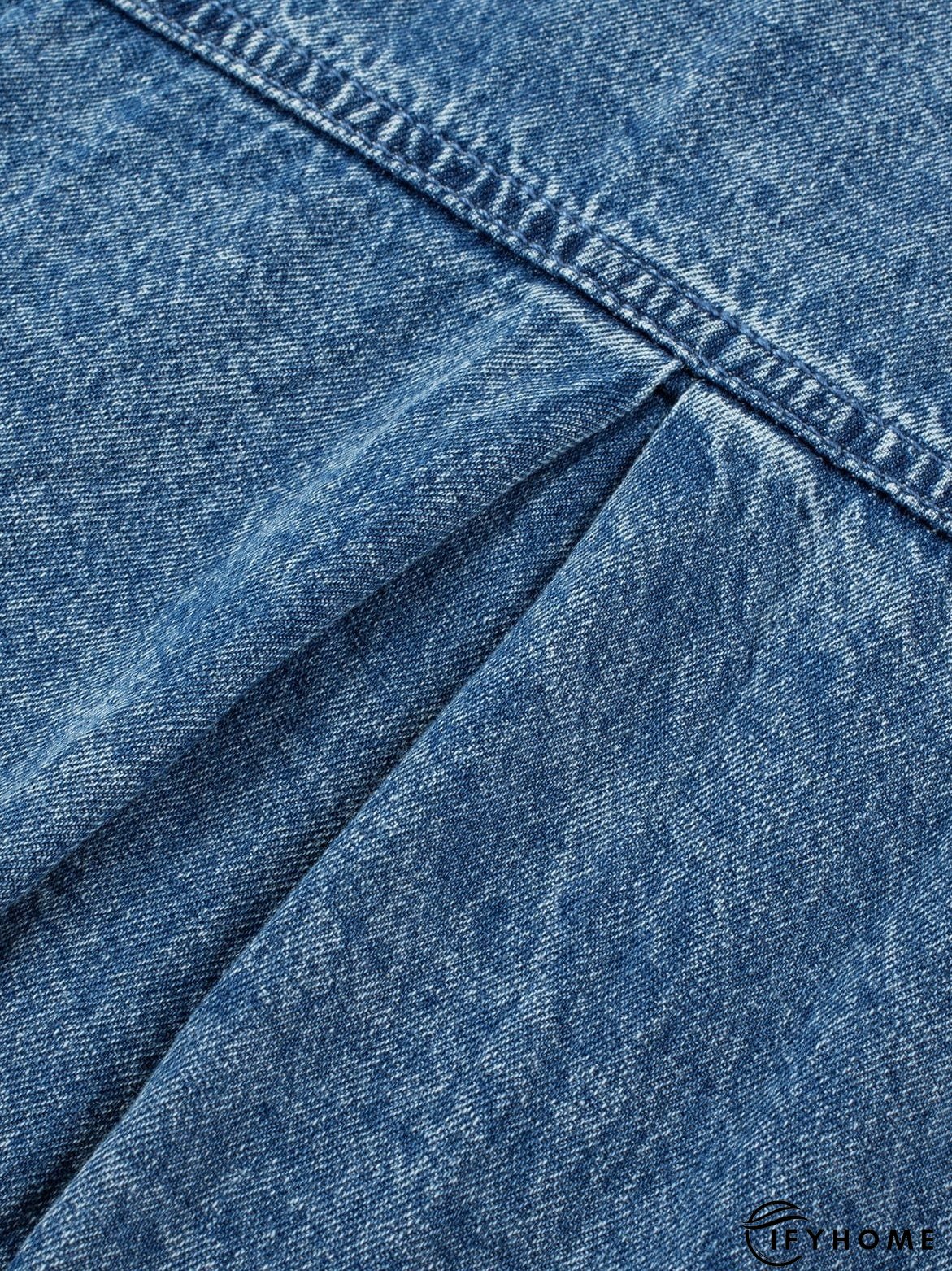 Blue Mineral Wash Denim Shirt Dress with Cuffed Sleeves | IFYHOME