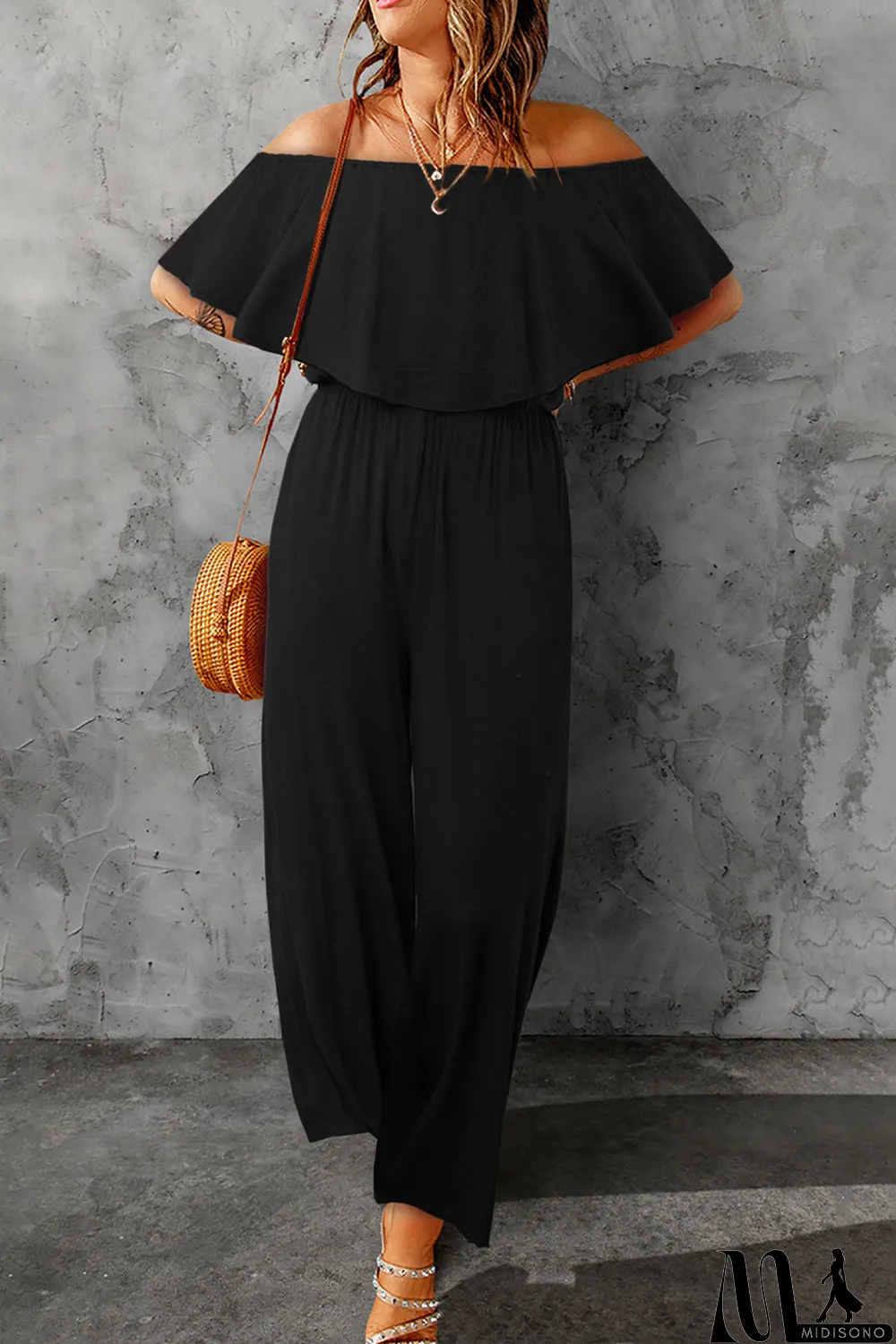 MidiSono - Black Solid Color Off Shoulder Wide Leg Jumpsuit