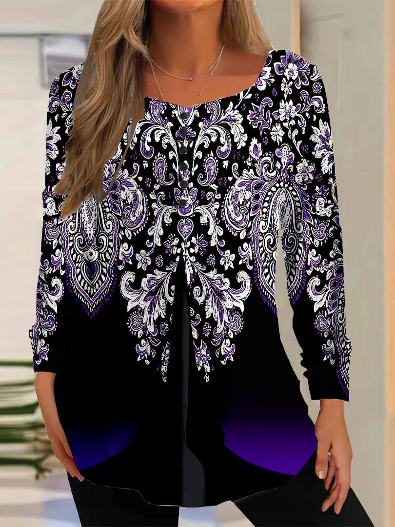 Women Graphic,Purple DZGG8343 Long Sleeve Scoop Neck Printed Graphic Button Fake 2in1 Tops