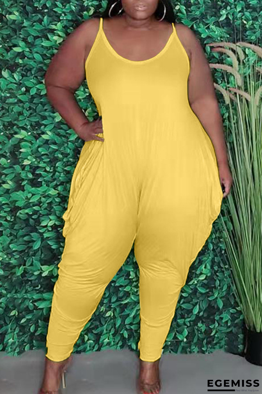 Yellow Casual Solid Patchwork Spaghetti Strap Plus Size Jumpsuits | EGEMISS