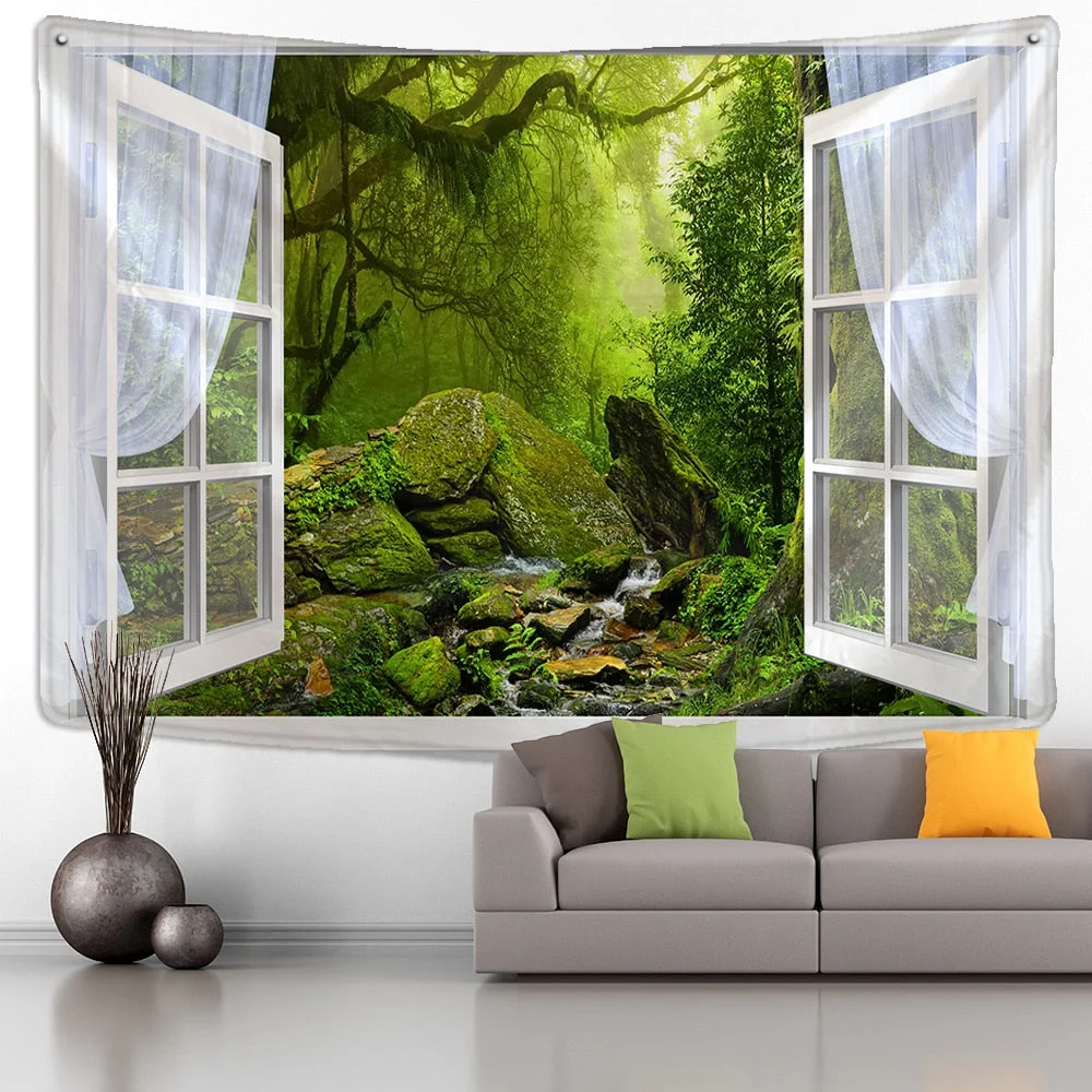 Window Forest Plant Landscape Tapestry Natural Scenery Wall Hanging Indian Throw Mandala Hippie Bedspread Bohemian Home Decor