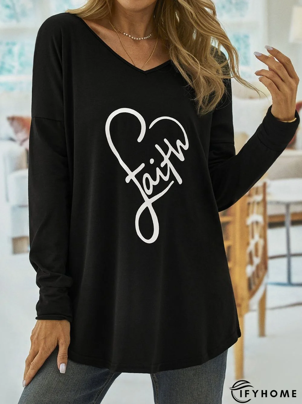 Casual Long Sleeve V Neck Printed Top Tunic T-Shirt | IFYHOME