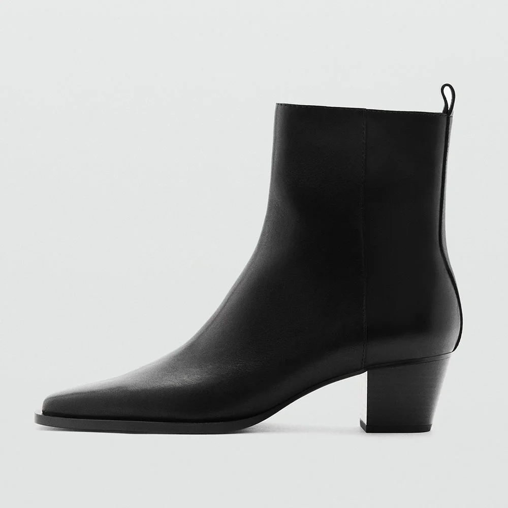 Black Square Toe Chunky Heel Side Zipper Short Boots for Women