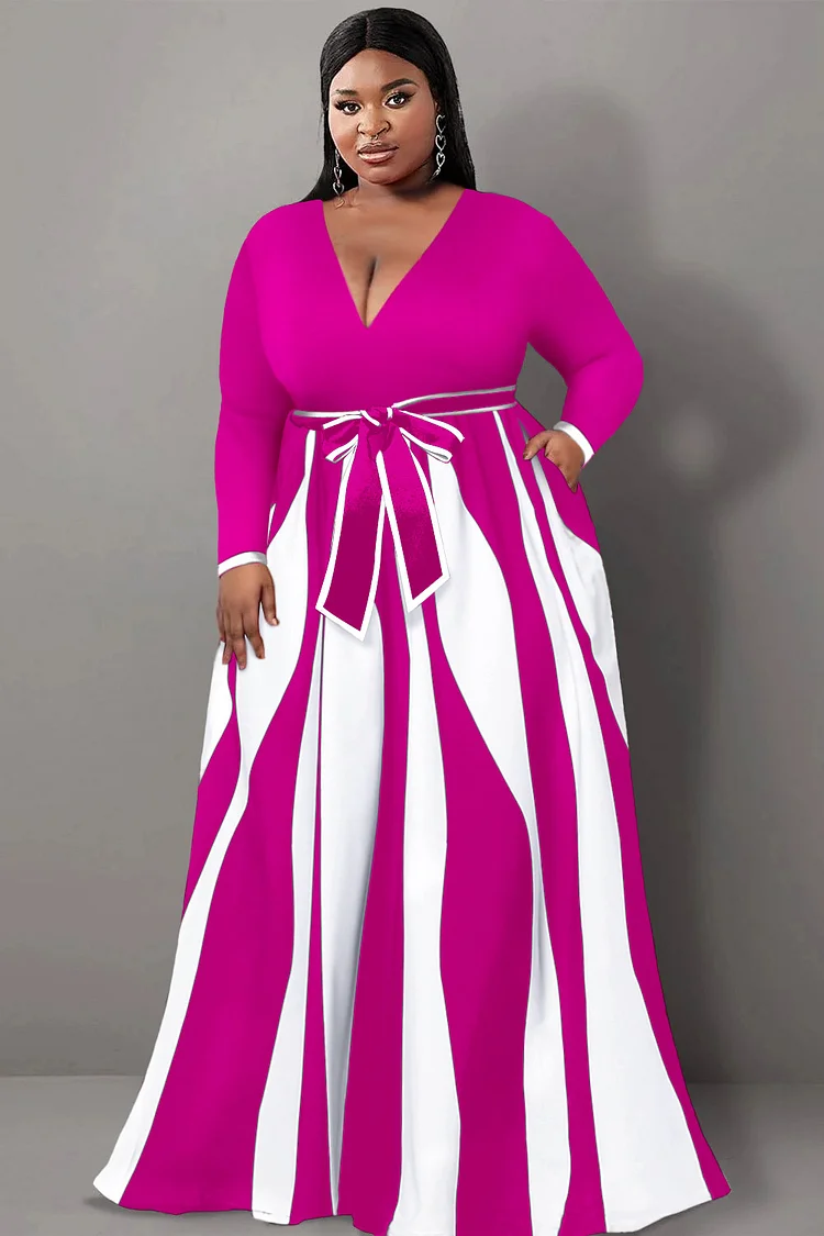 Xpluswear Design Plus Size Semi Formal Maxi Dresses Casual Magenta Geometric Fall Winter V Neck Long Sleeve Wrap Knitted Maxi Dresses With Pocket [Pre-Order]