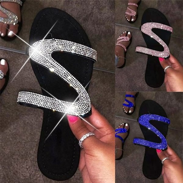 Summer Women's Fashion Casual Sandals Bright Diamond Flat Sandals Outdoor Beach Slippers Crystal Sandals Plus Size 35-43 - BlackFridayBuys
