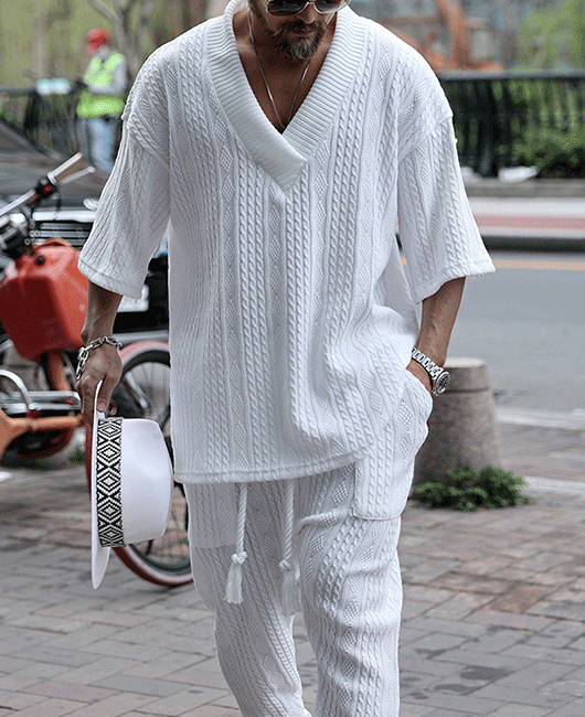 Casual Plain V Neck Half Sleeve Loose sweater & Drawstring Pants 2Pcs Set