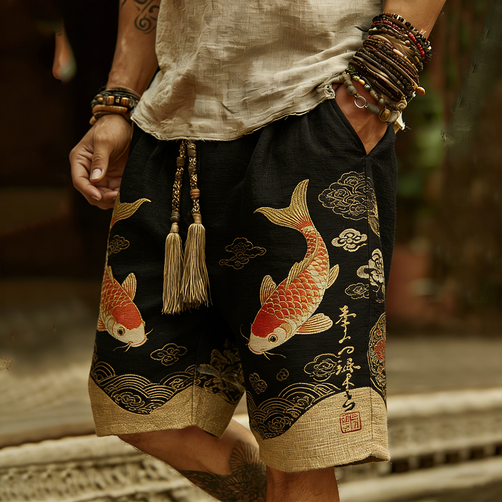 Japanese Vintage Lucky Carp Art Embroidered Shorts  artssus