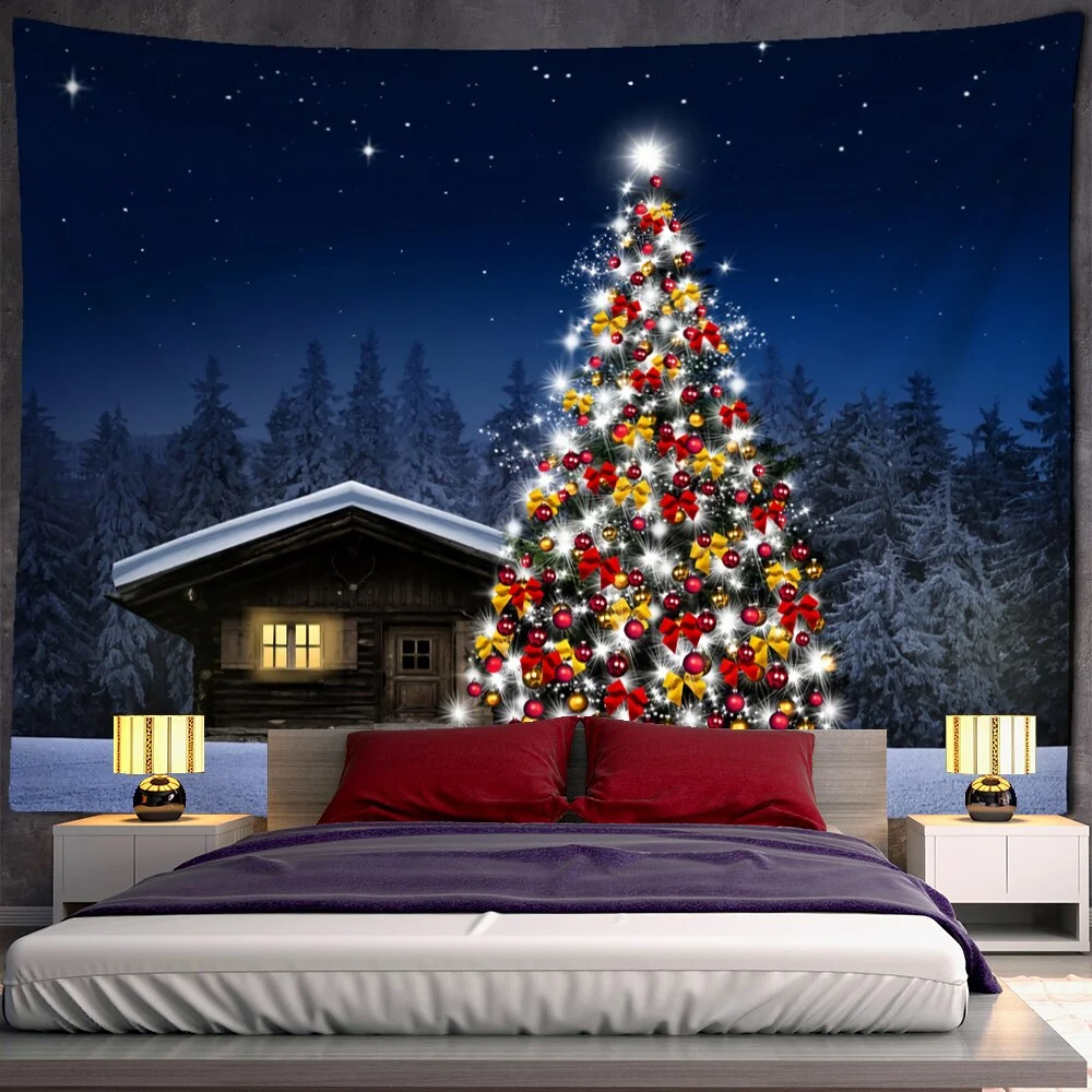Night View Christmas Tree Tapestry Wall Hanging Holiday New Year Gift Dormitory Background Cloth Bed Curtain Home Decor