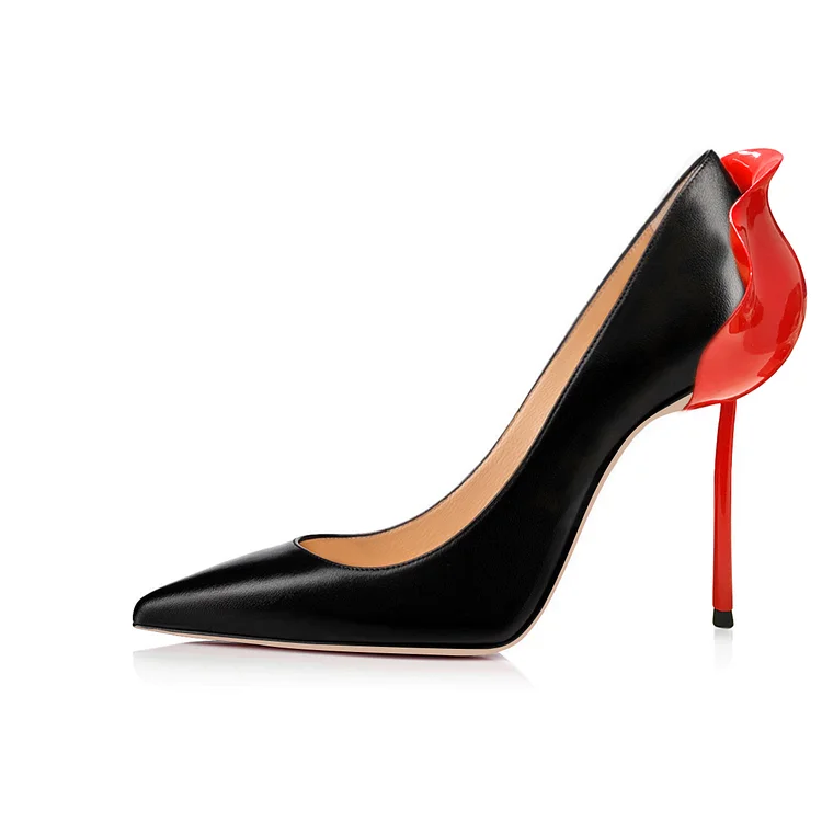 Black and Red Patent Leather Curvy Stiletto Heels Pumps |FSJ Shoes