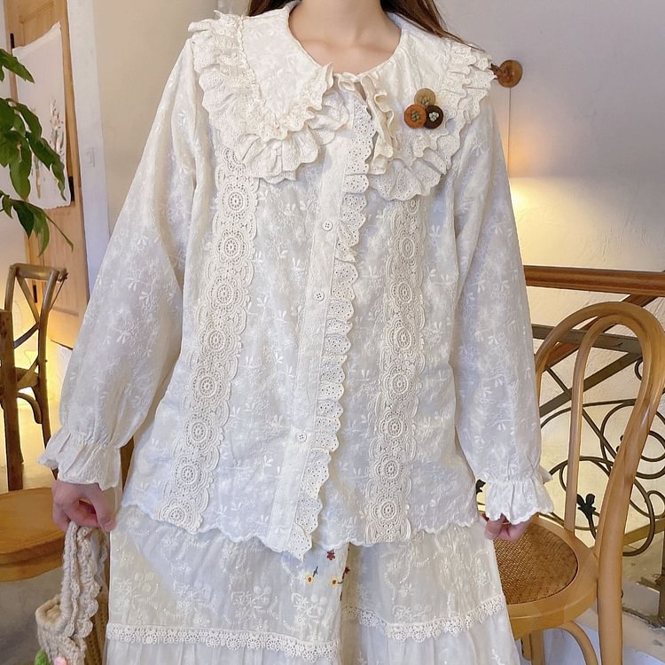 Queenfunky cottagecore style Lace Embroidered Blouse QueenFunky