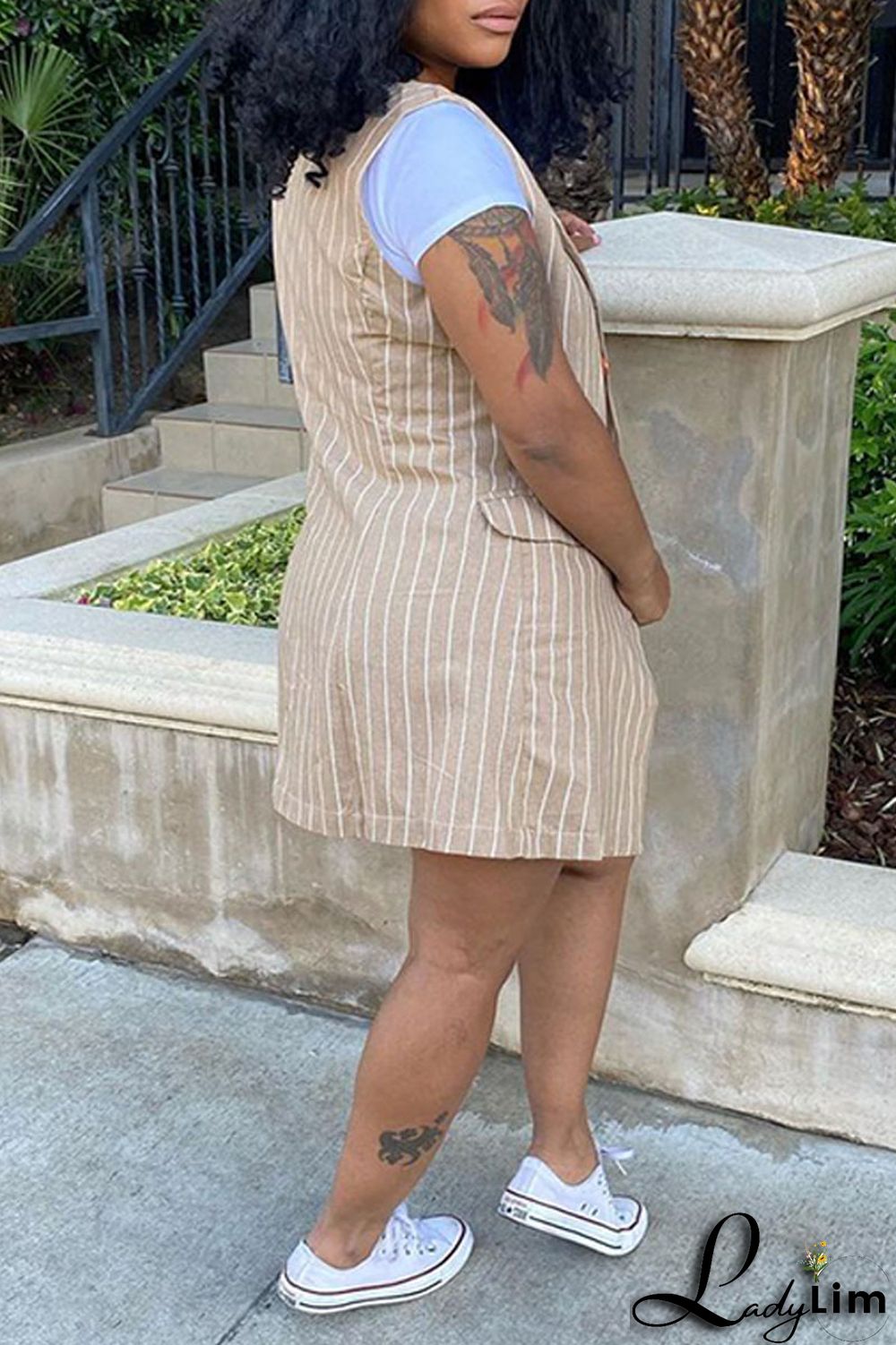 Black Fashion Casual Striped Print Patchwork Cardigan Turndown Collar Plus Size Two Pieces (Without T-shirt)