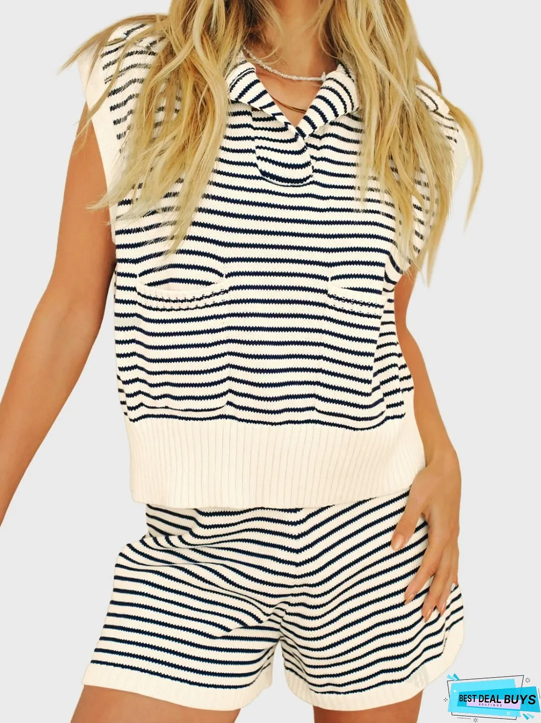 Striped Cap Sleeve Top and Shorts Sweater Set